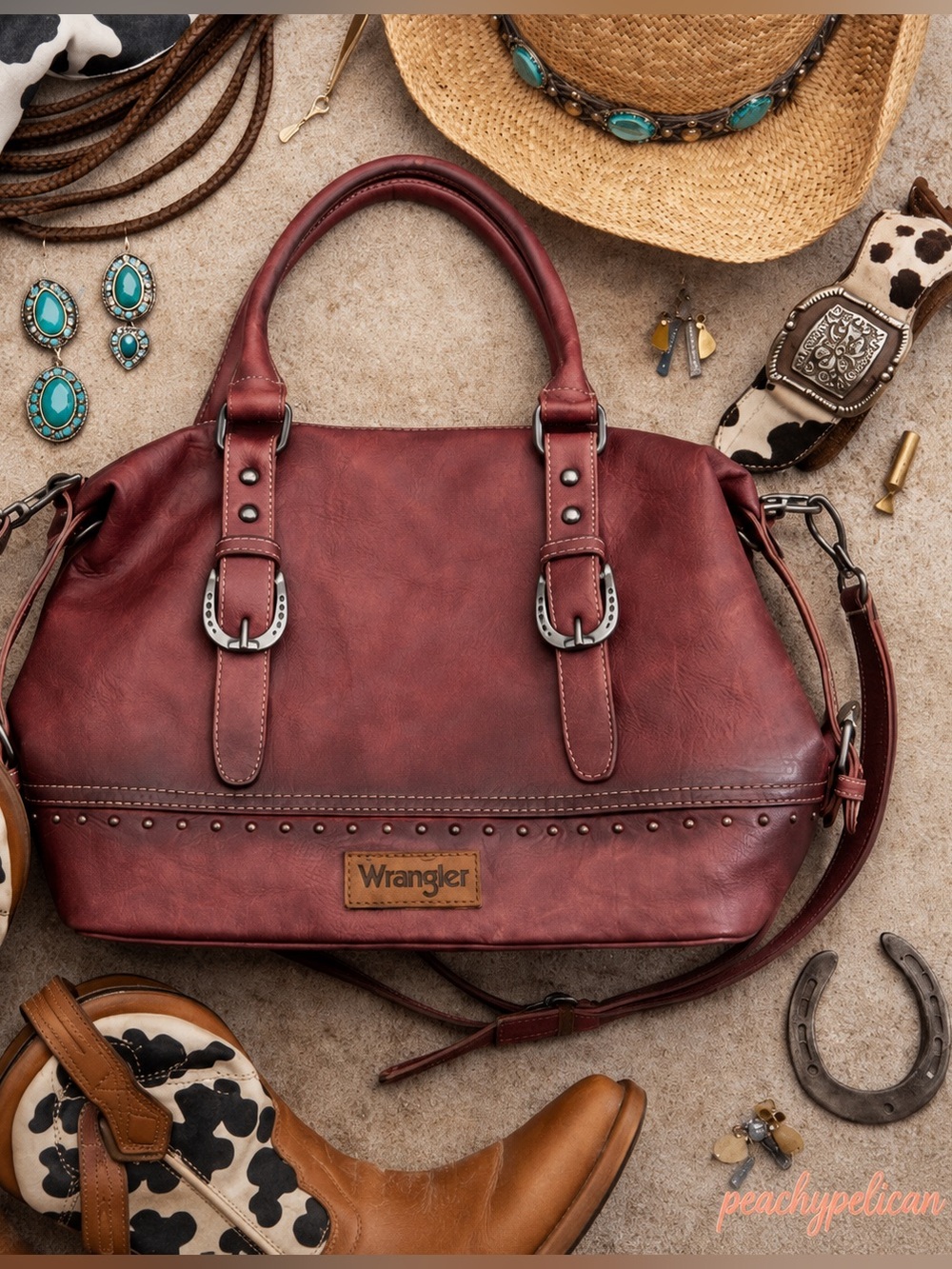 Wrangler Western Doctor Bag Satchel Brown Horse Shoe Accents Rodeo Equestrian